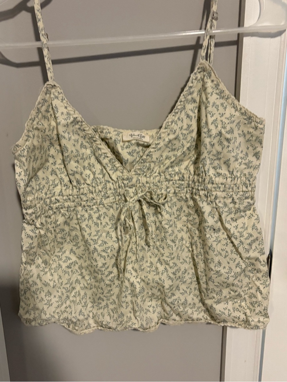 Brandy Melville Cream Camisole with Sage Floral Print and Tie Front